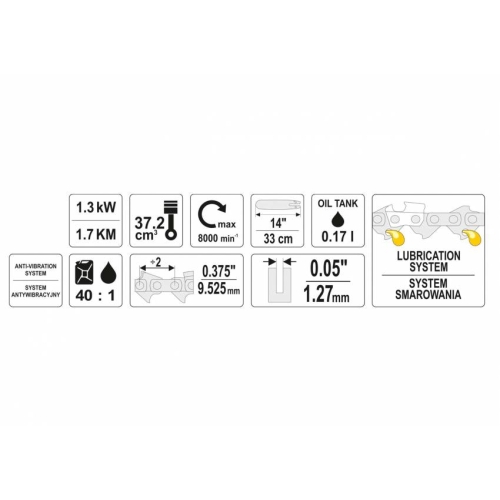 Бензопила ланцюгова YATO 37.2 см³ 1.3 кВт шина- 14" (33 см)