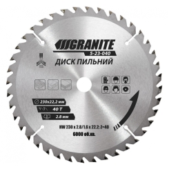 Диск пильний GRANITE для дерева з твердосплавними напайками 230х22.2х40Т 8000 об/хв 5-23-040