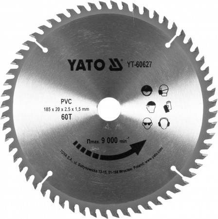 Диск пильний по ПВХ YATO: Ø=185х2.5x20 мм, 60 зубців, RPM до 9000 1/хв
