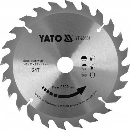 Диск пильний побідитовий по дереву YATO: 160x20x2.2x1.5 мм, 24 зубці, RPM до 9500 1/хв