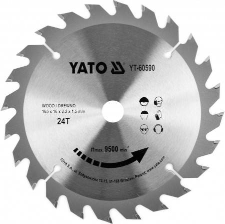 Диск пильний побідитовий по дереву YATO: 165x16x2.2x1.5 мм, 24 зубці, RPM до 9500 1/хв