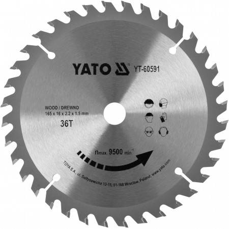Диск пильний побідитовий по дереву YATO: 165x16x2.2x1.5 мм, 36 зубців, RPM до 9500 1/хв