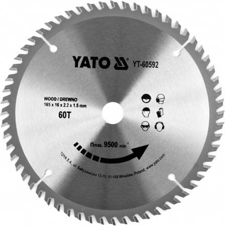 Диск пильний переможний по дереву YATO: 165x16x2.2x1.5 мм, 60 зубців, RPM до 9500 1/хв