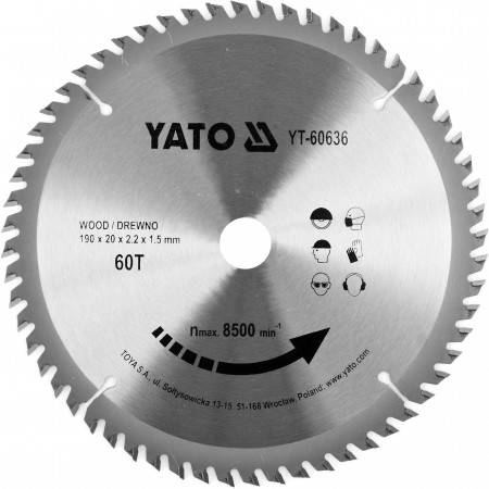 Диск пильний переможний по дереву YATO: 190x20x2.2x1.5 мм, 60 зубців, RPM до 8500 1/хв
