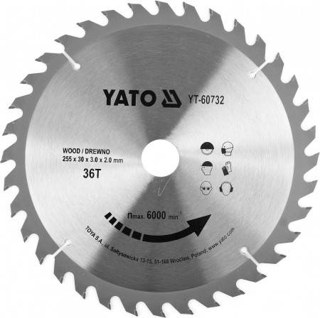 Диск пильний переможний по дереву YATO: 255x30x3.0x2 мм, 36 зубців, RPM до 6000 1/хв