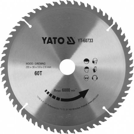 Диск пильний переможний по дереву YATO: 255x30x3.0x2 мм, 60 зубів, RPM до 6000 1/хв