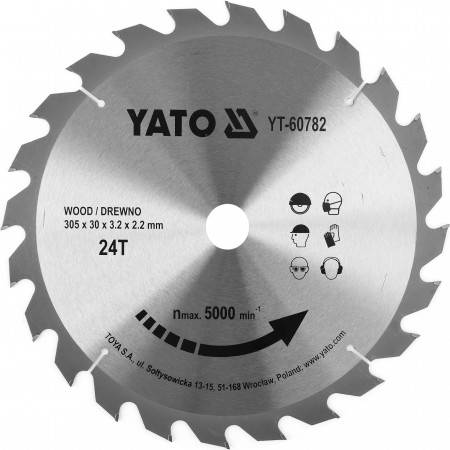 Диск пильний побідитовий по дереву YATO: 305x30x3.2x2.2 мм, 24 зубці, RPM до 5000 1/хв