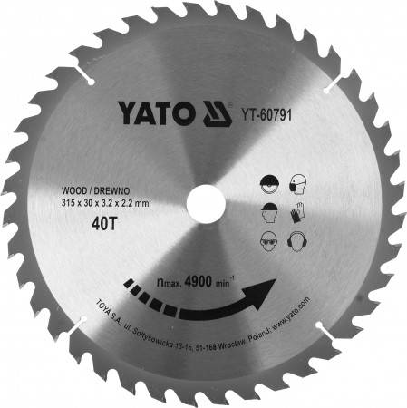 Диск пильний переможний по дереву YATO: 315x30x3.2x2.2 мм, 40 зубців, RPM до 4900 1/хв