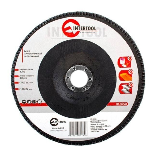 Диск шліфувальний пелюстковий, 180×22 мм, зерно K80, 7000 об/хв INTERTOOL BT-0228