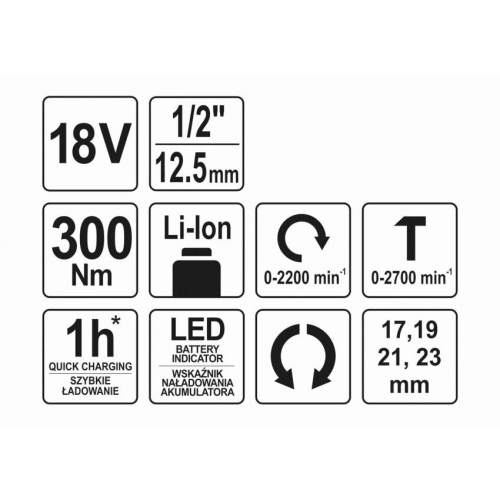 Гайковерт ударний акумуляторний YATO : квадрат 1/2", 300 Нм, Li-Ion 18 В, 4 головки, БЕЗ АКУМУЛЯТОРА