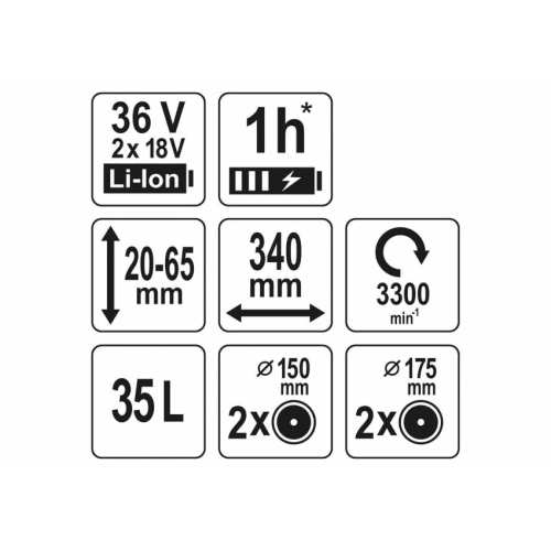 Газонокосарка на 4-х колесах акумул. YATO: 2хLi-Ion 18В,обрізн діап.Ø=34см,ємн-35л (БЕЗ АКУМУЛЯТОРА)
