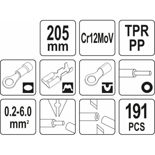 Кліщі для обтискання і зачистки проводів YATO. L=205 мм, 0,2- 6 мм², з наконечниками, 191 елем.