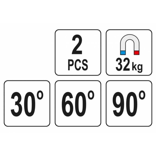 Кути магнітні для зварювання YATO: кут: 30°, 60°, 90°, сталеві, сила утримування - 32 кг, 2 шт.