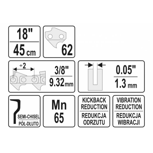 Ланцюг YATO l= 18"/ 45 см (62 ланки) для ланцюгових пилок з напрямною шиною YT-849355
