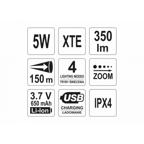 Ліхтар світлодіодний (XTE CREE) YATO, акумулят. Li-Ion 650 мА, Р = 5 Вт, Ф = 350 lm. Ø = 27 мм x 94 мм