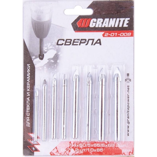 Набір свердел "піка" для скла і плитки GRANITE 8 шт (4х60/5х65/2 шт 6х68/2 шт 8х70/10х85/12х90 мм) 2-01-008
