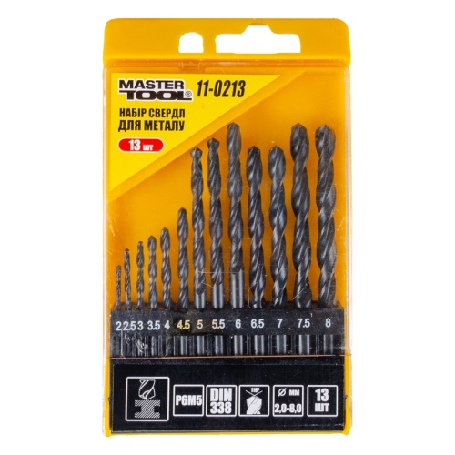 Набір свердл для металу MASTERTOOL 13 шт HSS (2-8 мм крок 0.5 мм) в пластиковій коробці чорні 11-0213