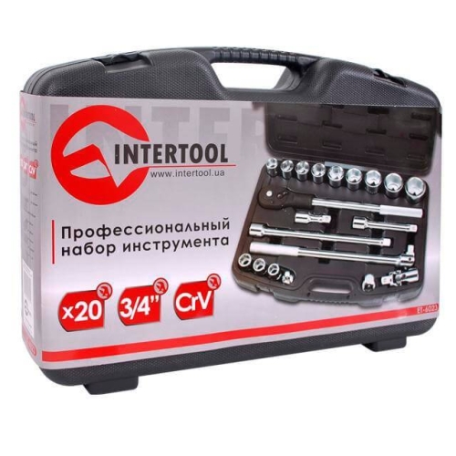Набір інструментів, проф., 3/4", Cr-V, 20 од., головки: 19-50 мм, кейс INTERTOOL ET-6023