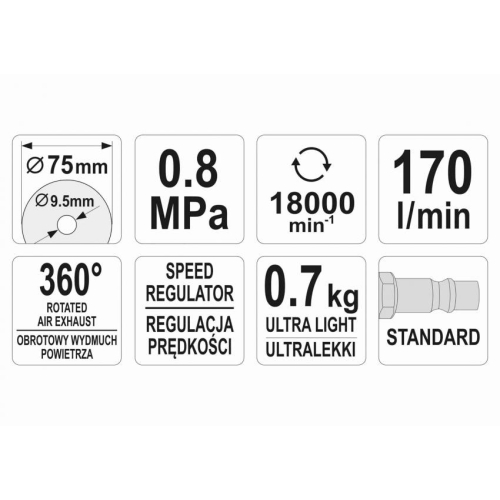 Пневматичний різак, ручний YATO для диска Ø= 75/9.5 мм, Ø= 1/4", 8 Bar, 170 л/хв