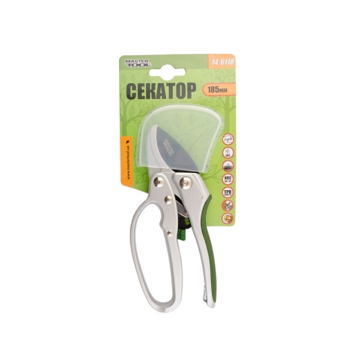 Секатор садовий MASTERTOOL з храповим механізмом 185 мм ручки AL+TPR лезо SK5+тефлон ковадло 14-6118