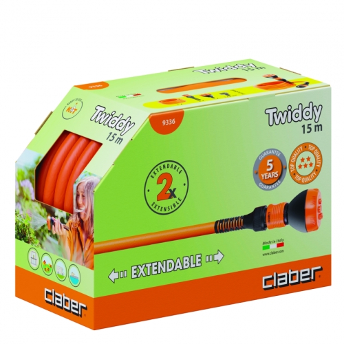 Шланг поливальний пружинний 1/2" TWIDDY 15м, з конекторами і розпилювачем