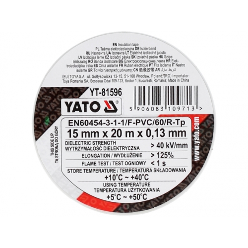 Стрічка електро-ізоляційна ПВХ YATO біла, 20 м x15x0.13 мм, робоча t= 5-50 °С [72]