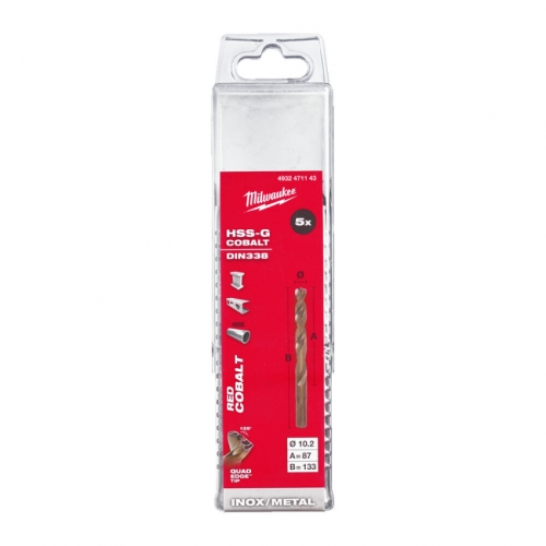 Свердло по металу HSS-Co MILWAUKEE, DIN338, Ø10,2х133х87мм, (5шт)