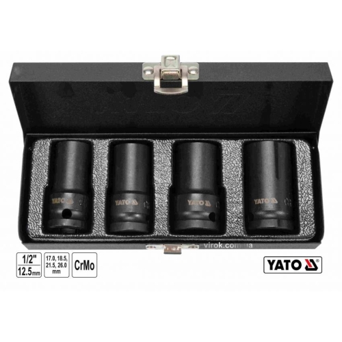 Торцеві головки ударні для зриву гвинтів YATO: квадрат-1/2", L=55 мм; М17, 18.5, 21.5, 26 мм, 4 шт.