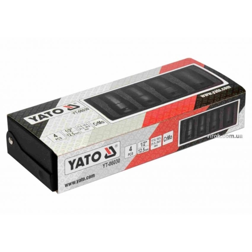 Торцеві головки ударні для зриву гвинтів YATO: квадрат-1/2", L=55 мм; М17, 18.5, 21.5, 26 мм, 4 шт.