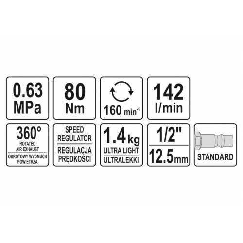 Тріщатка пневматична YATO: квадрат-1/2", F= 80 Нм, потреб. повітря-142 л/хв, тиск-6.3 Bar