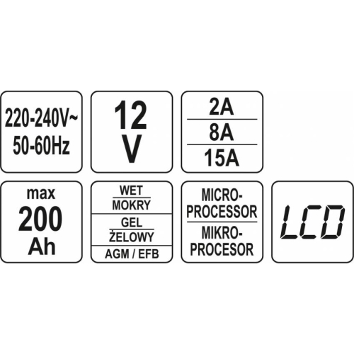 Зарядний прилад мережевий з LCD дисплеєм 230В YATO до акумуляторів 12V-2/8/15А, макс. 240AГод