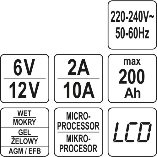 Зарядний прилад мережевий з LCD дисплеєм 230В YATO до акумуляторів 6V-2А 12V-10А, макс. 240AГод