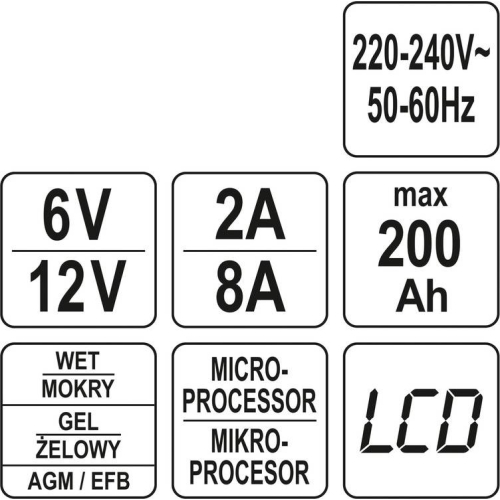 Зарядний прилад мережевий з LCD дисплеєм 230В YATO до акумуляторів 6V-2А 12V-8А, макс. 240 AГод